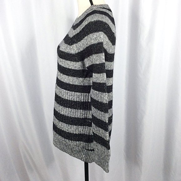 Banana Republic Wool Sweater Women Medium Black Gray Striped Italian Yarn Chunky - Picture 4 of 8